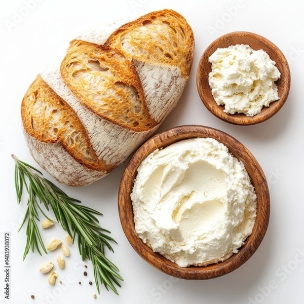 Obraz Bread and cream cheese on white backround, top view