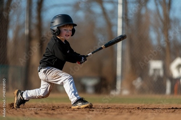 Obraz Kids playing baseball, action shot at bat, sunny afternoon
