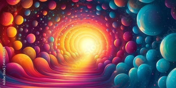 Obraz The abstract illustration showcased a cartoon scene of a happy, rainbow-filled world, with colorful colors and vibrant circles filling the psychedelic