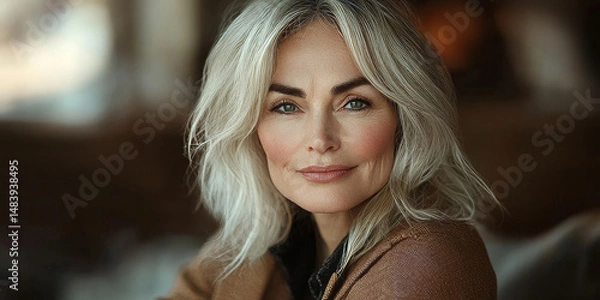 Obraz The mature blond woman, a seductive and classy model, captivated people with her beauty and sexy expressions in her indoor portrait, showcasing her alluring face and fashion-forward