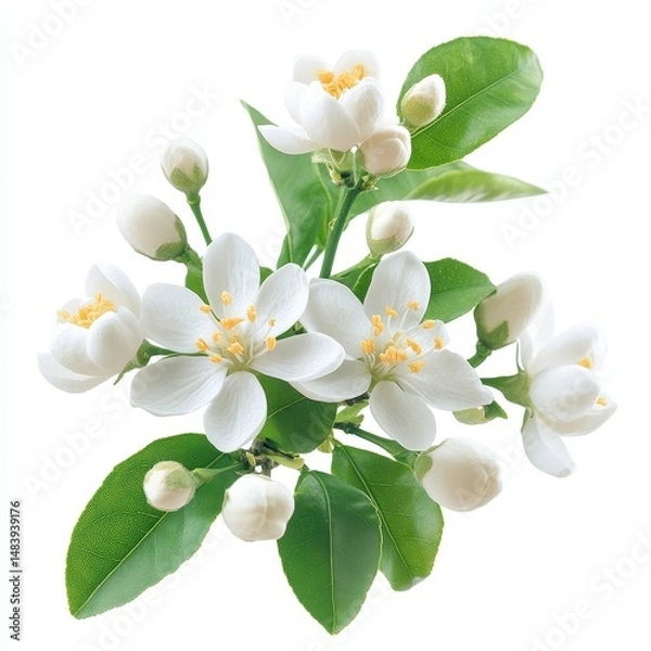 Obraz Blooming white flowers and buds of an orange tree isolated on white