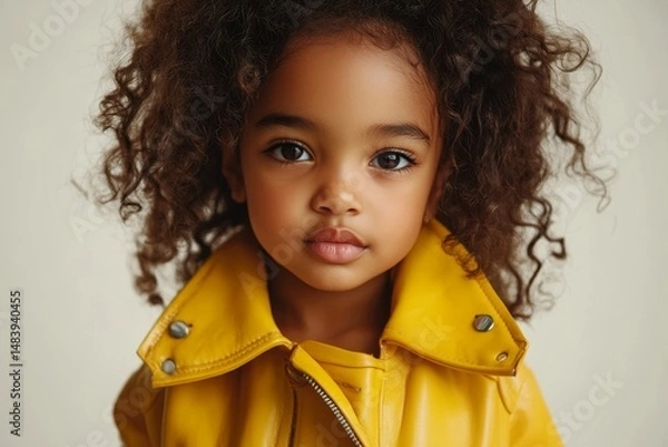 Obraz fashionable and stylish little beautiful african american girl in yellow leather jacket isolated on clean background - Generative AI