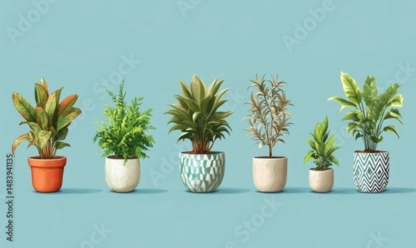 Obraz collection Set of different styles of retro vantage and modern vase and interior plants pots furniture cutouts isolated on white background - Generative AI