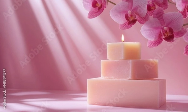 Obraz beautiful setup or orchid flowers and soap bars with candle for cosmetics and face wash natural spa products commercial as wide banner mockup display