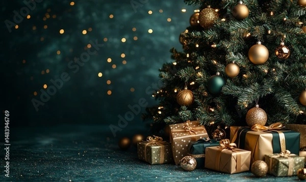 Obraz Merry Christmas holiday celebration greeting card background - Christmas tree with gold christmas ornaments, christmas baubles and green gift boxes and presents on floor (Generative