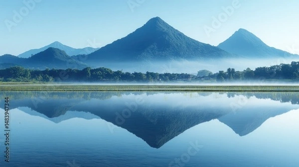 Fototapeta Serene mountain lake sunrise reflection