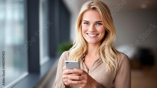 Fototapeta Happy Woman Using Smartphone in Modern Office Environment