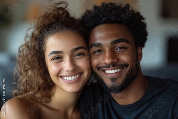 Obraz Spending nice time at home. Beautiful young loving couple bonding to each other and smiling