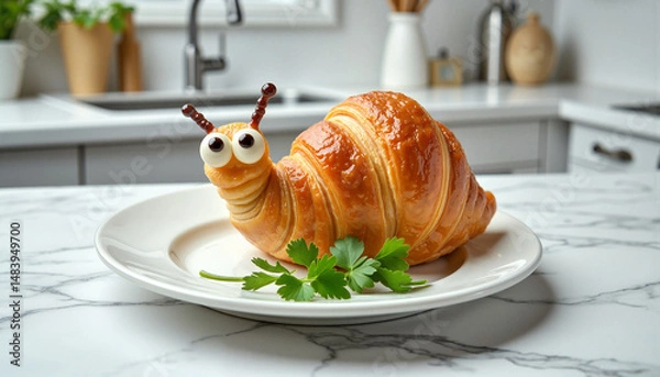 Fototapeta Croissant snail with googly eyes and herbs on a plate in kitchen  