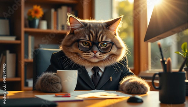 Fototapeta Cat wearing glasses and business suit sitting at desk with coffee  
