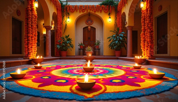 Fototapeta Colorful Rangoli design with diyas in illuminated courtyard setting  