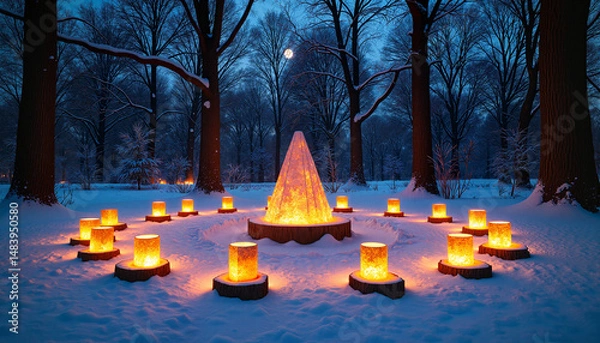 Fototapeta Illuminated ice sculpture surrounded by candles in snowy forest  