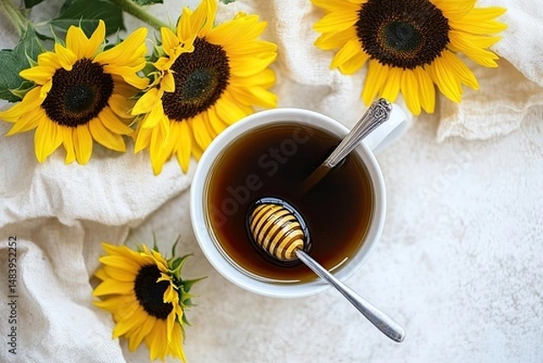 Fototapeta A cup of tea with honey, surrounded by sunflowers