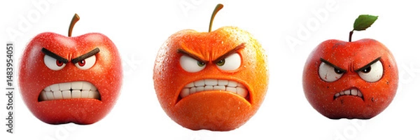Fototapeta Angry Apple Characters – 3D Cartoon Fruit with Furious Expressions – Isolated on Transparent Background