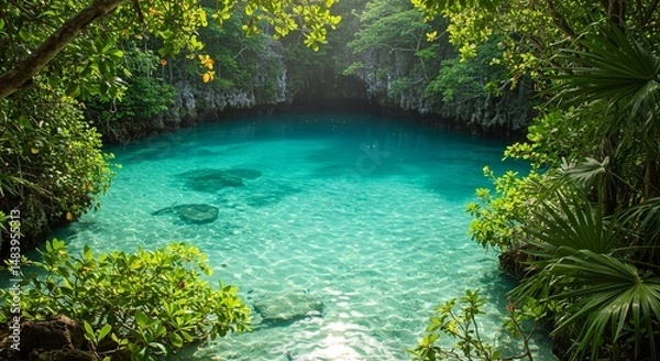 Fototapeta Tropical lagoon surrounded by lush green foliage and clear turquoise water