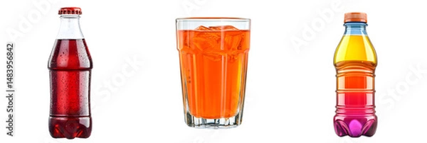 Fototapeta Colorful Soft Drinks & Juice Bottles Collection – Fizzy Cola, Orange Soda, and Mixed Fruit Beverage – Isolated on Transparent Background