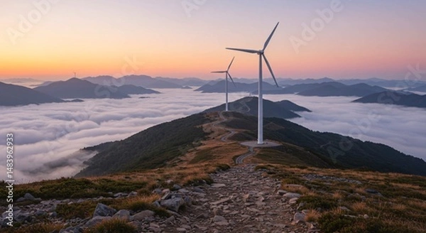 Fototapeta Wind Turbines on Mountain Ridge Overlooking Foggy Valley at Sunset Scenery