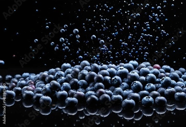 Obraz A bunch of blueberries falling into the air.