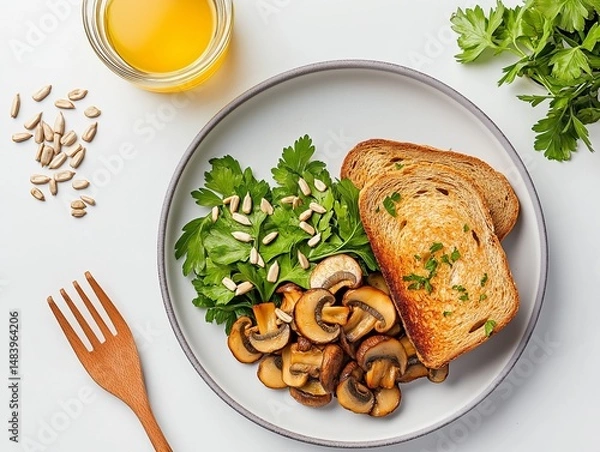 Fototapeta Minimalistic stock photo of a high-angle shot featuring a healthy Zinc + Copper-rich breakfast a plate with sauteed mushrooms, sunflower seeds, and whole-grain toast, bright and fresh kitchen setting