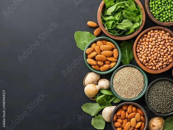 Fototapeta Minimalistic stock photo of a market stall displaying fresh Zinc + Copper-rich foods like dark leafy greens, nuts, shellfish, and seeds, with soft natural daylight creating an organic feel