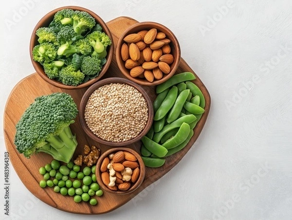 Fototapeta Minimalistic stock photo of a neatly arranged wooden board featuring chromium-rich foods whole grains, nuts, broccoli, and green beans, with soft overhead lighting and a clean modern background