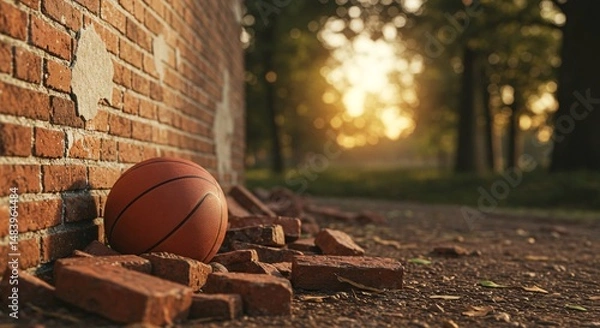 Fototapeta Abandoned basketball ball rests against a weathered brick wall with the sun setting in the distance
