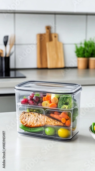 Fototapeta Healthy meal prep box with fresh vegetables and grilled salmon in kitchen