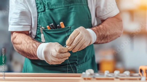 Fototapeta Precision craftsmanship: technician's hands demonstrating careful adjustment in workshop setting