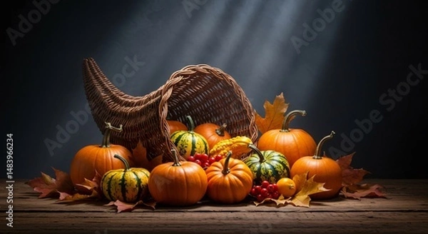 Fototapeta Abundance of autumn harvest cornucopia filled with pumpkins and gourds on rustic wood