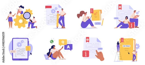 Fototapeta People read user manual book. Users reading and writing guide instruction with question mark. Collection of customer guide, useful information, FAQ. Vector illustration set for UI, web banner
