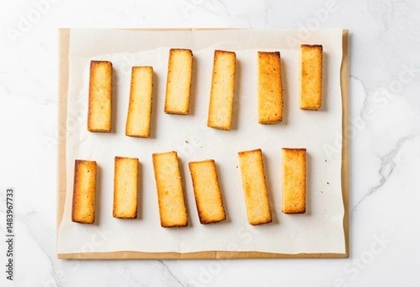 Fototapeta A baking sheet filled with bread sticks covered in parsley.