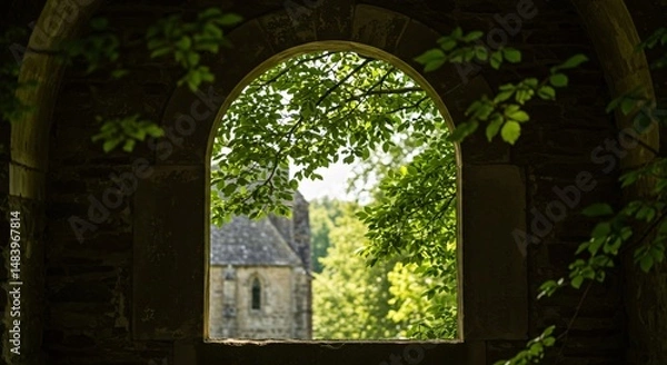 Fototapeta Ancient stone archway frames a view of a historic church through lush green foliage