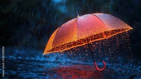 Obraz Illuminated umbrella in rain at night