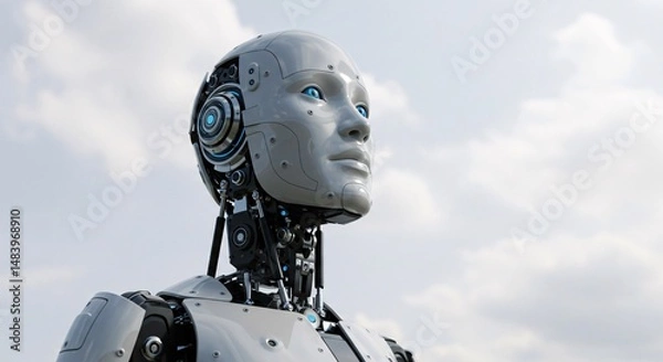 Fototapeta Artificial intelligence humanoid robot gazing upwards against a cloudy sky backdrop