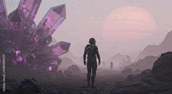 Fototapeta Astronaut explores alien landscape with purple crystals and distant planet in space
