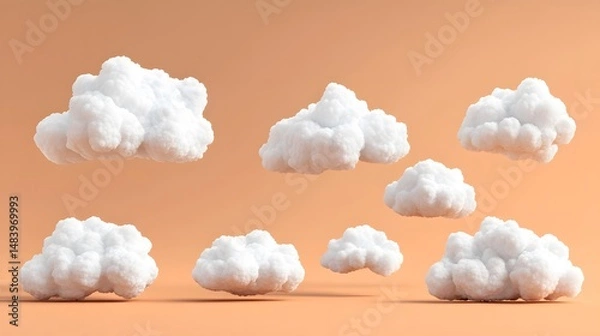 Fototapeta Fluffy White Clouds Orange Background Minimalist 3D Render