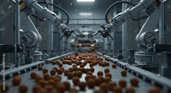 Fototapeta Automated production line with robotic arms handling brown spheres in factory setting