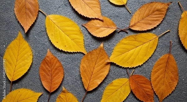 Fototapeta Autumn leaves in yellow and brown on a gray background show the season's beauty