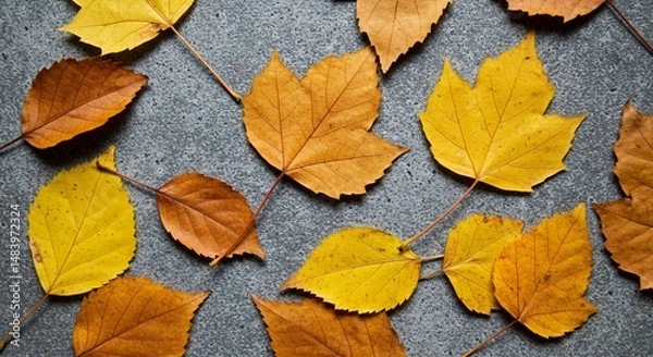 Fototapeta Autumn leaves of various colors scattered on a textured gray surface creating a fall scene