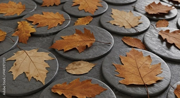 Fototapeta Autumn leaves scattered on stone coasters creating a textured seasonal arrangement