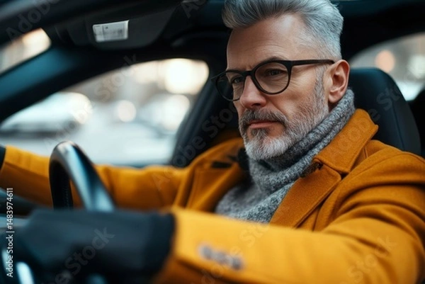 Fototapeta A stylish older man with glasses driving a car wearing a yellow coat and gray turtleneck sweater