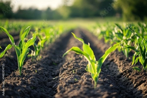 Fototapeta A field of young corn plants growing in rows with blurred background on a sunny day in the countryside