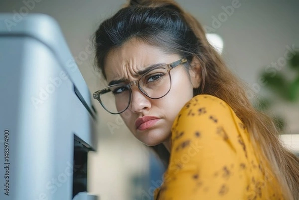 Fototapeta Woman with glasses looking at a printer with a confused expression on her face in an office space
