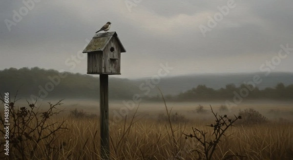 Fototapeta Bird perched on a wooden birdhouse in a misty meadow landscape on a cloudy day