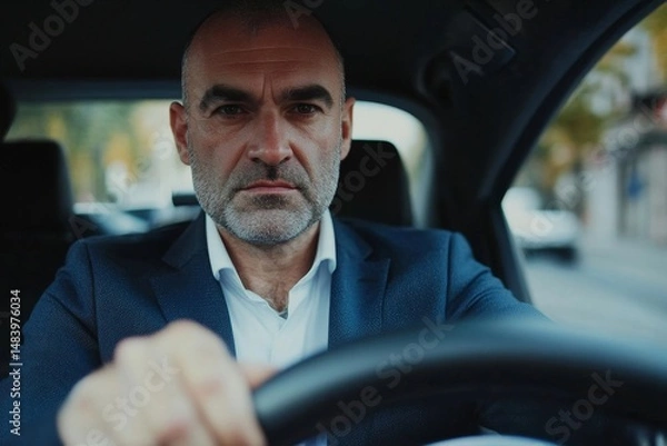 Fototapeta A bald man with a beard driving a car wearing a blue suit and a white shirt looking at the camera