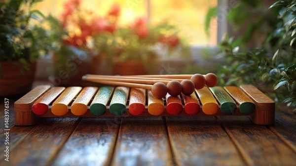 Obraz Colorful xylophone sits on wooden table by window, surrounded by plants
