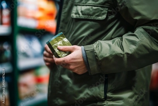 Fototapeta A person in a green jacket holding a small stack of gold packets in a store aisle with shelves nearby