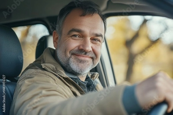 Fototapeta A smiling man with a beard driving a car looking at the camera with a jacket on a sunny day outside