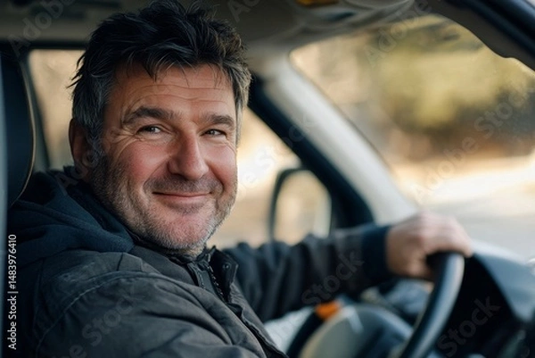Fototapeta Close up of a smiling middle aged man driving a vehicle with a blurred background outside car window