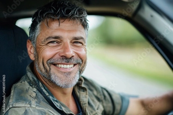 Fototapeta Close up of a smiling man with gray hair and beard wearing a camouflage shirt in a vehicle